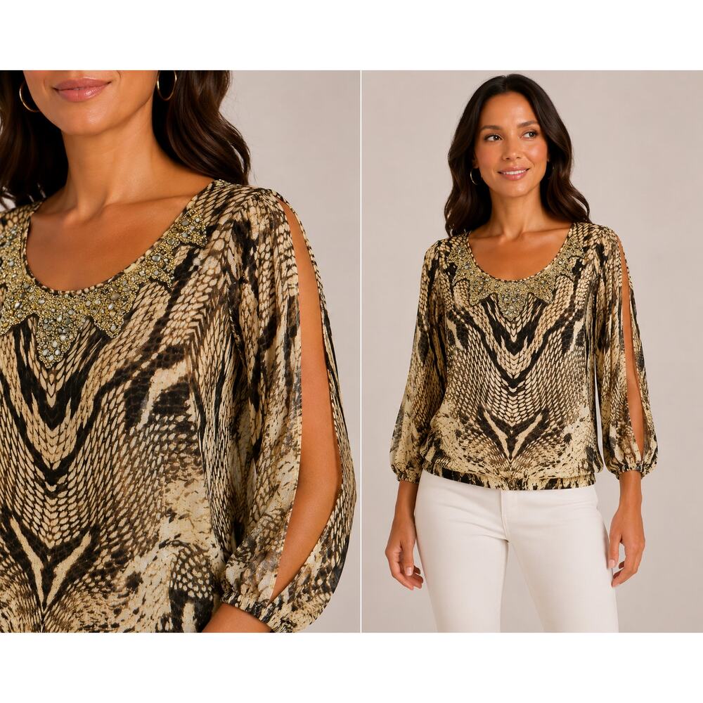 Cache Embellished Peasant Chic Boho Top New Split Sleeve Elastic Waist NWT $138